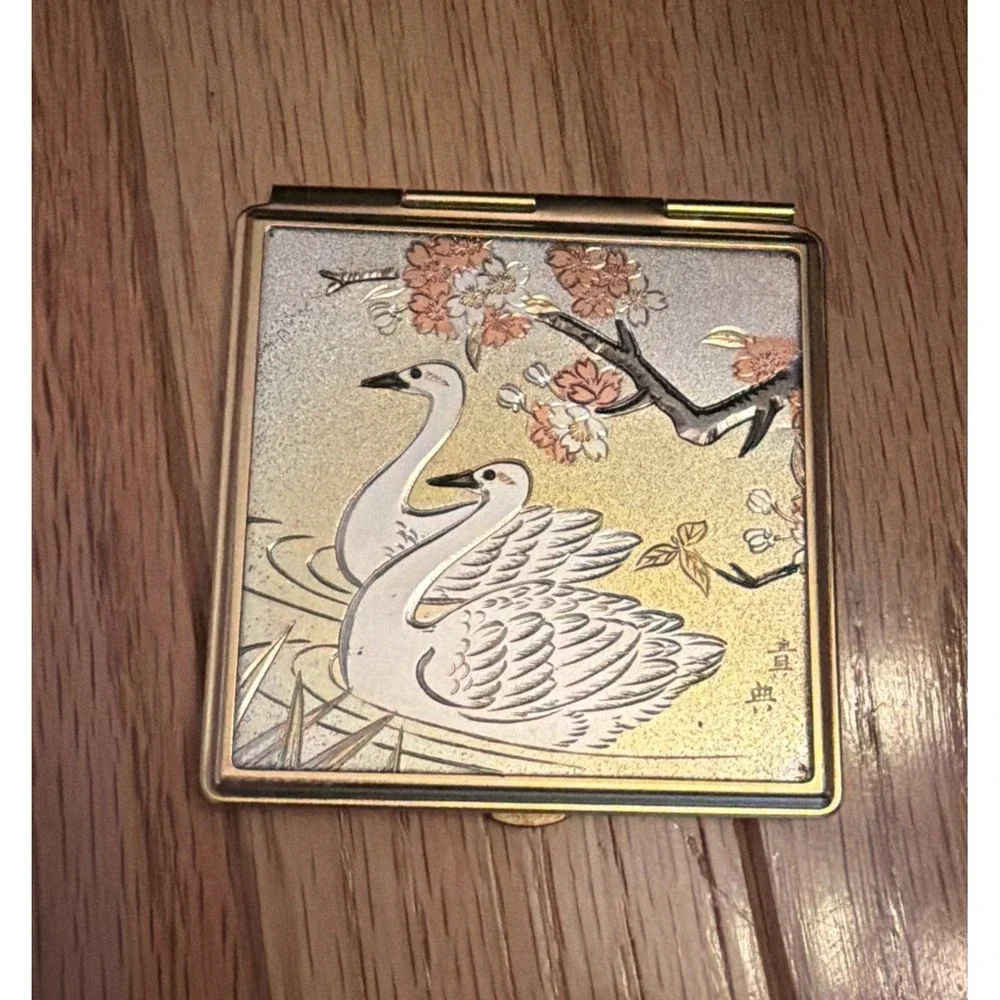 Vintage Swan Compact Mirror Gold Tone Engraved Iris Floral Vanity